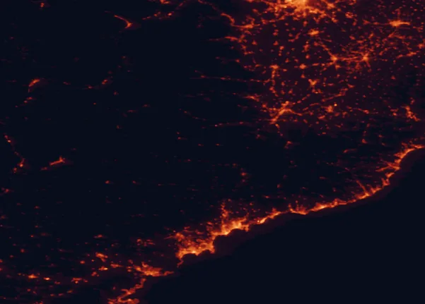 Satellite night-light map of the 100 km around Alpes Azur Mercantour, with Nice, Antibes and Cuneo marked