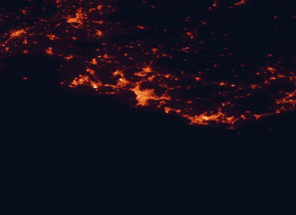 Satellite night-light map of the 100 km around Calanques National Park, with Marseille, Toulon and Aix-en-Provence marked