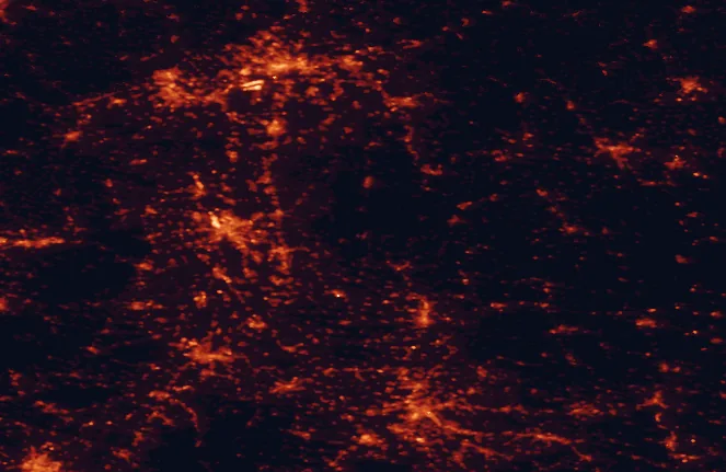 Satellite night-light map of the 100 km around Neckartal-Odenwald Nature Park, with Frankfurt am Main, Stuttgart and Mannheim marked