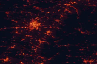 Satellite night-light map of the 50 km around Offenburg, with Strasbourg, Lahr and Kehl marked
