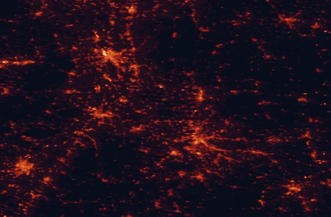 Satellite night-light map of the 100 km around Stromberg-Heuchelberg Nature Park, with Stuttgart, Karlsruhe and Mannheim marked