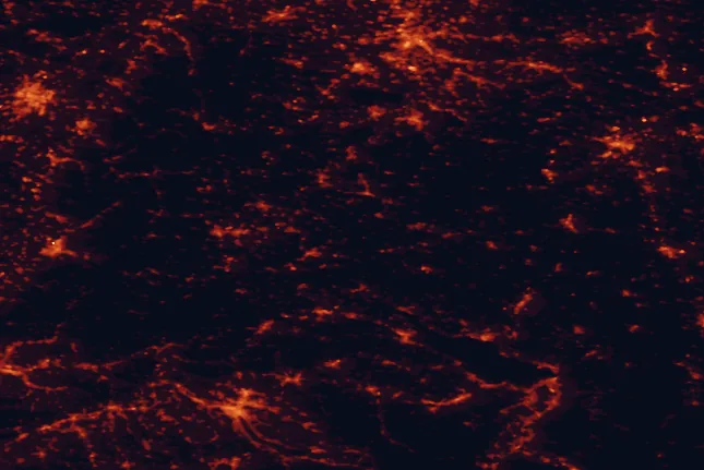 Satellite night-light map of the 100 km around Upper Danube Nature Park, with Stuttgart, Zürich and Freiburg marked