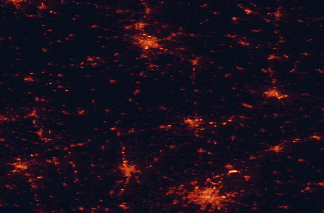 Satellite night-light map of the 100 km around Altmühltal Natural Park, with Munich, Nuremberg and Augsburg marked