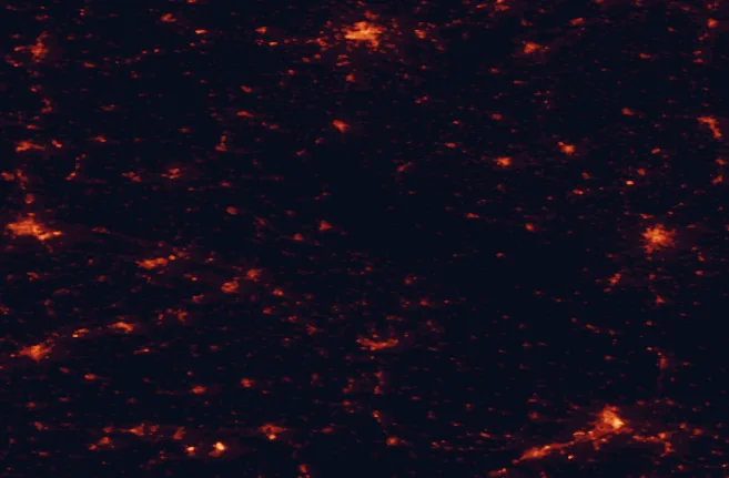 Satellite night-light map of the 100 km around Bavarian Forest National Park, with Pilsen, Linz and Regensburg marked