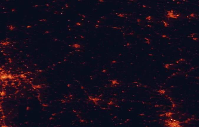 Satellite night-light map of the 100 km around Bavarian Rhön Nature Park, with Frankfurt am Main, Nuremberg and Erfurt marked
