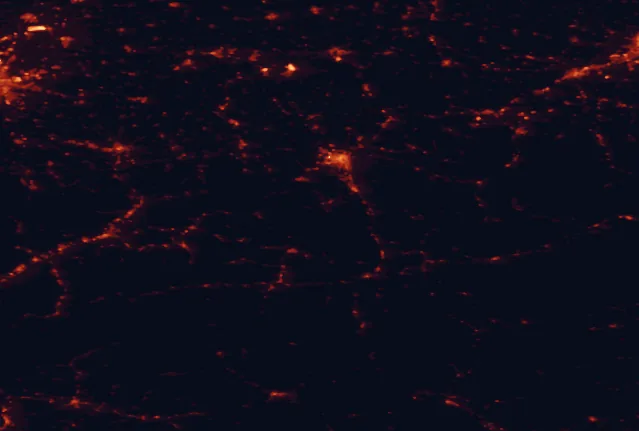 Satellite night-light map of the 100 km around Berchtesgaden National Park, with Salzburg, Rosenheim and Saalfelden am Steinernen Meer marked