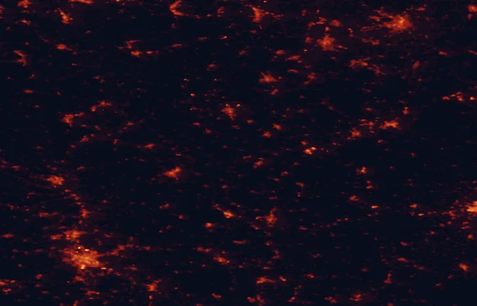Satellite night-light map of the 100 km around Fichtelgebirge Nature Park, with Nuremberg, Chemnitz and Bayreuth marked