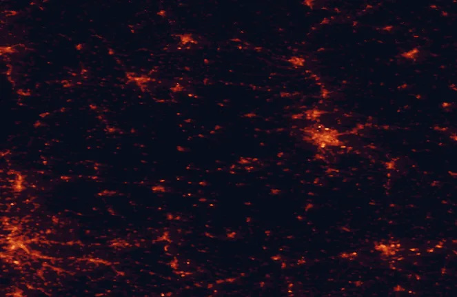 Satellite night-light map of the 100 km around Frankenhöhe Nature Park, with Nuremberg, Stuttgart and Fürth marked