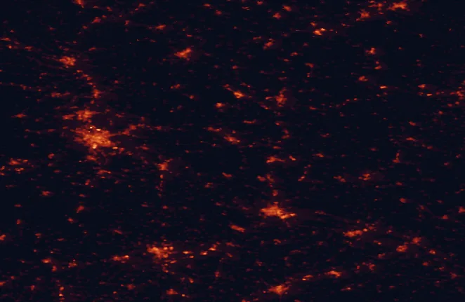 Satellite night-light map of the 100 km around Hirschwald Nature Park, with Nuremberg, Regensburg and Amberg marked