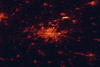 Satellite night-light map of the 50 km around Munich, with Germering, Dachau and Unterhaching marked