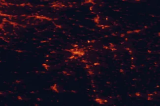 Satellite night-light map of the 50 km around Neu-Ulm, with Eselsberg, Senden and Heidenheim an der Brenz marked