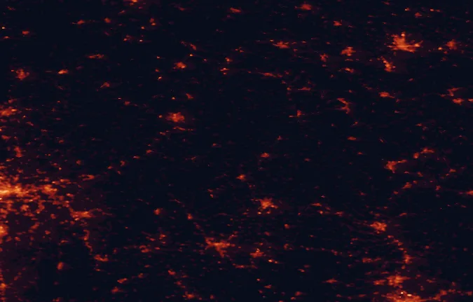 Satellite night-light map of the 100 km around Rhön Biosphere Reserve, with Erfurt, Würzburg and Fulda marked
