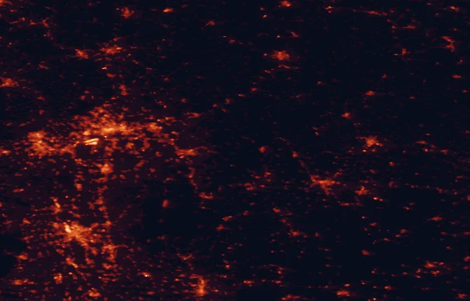 Satellite night-light map of the 100 km around Spessart Nature Park, with Frankfurt am Main, Mannheim and Wiesbaden marked