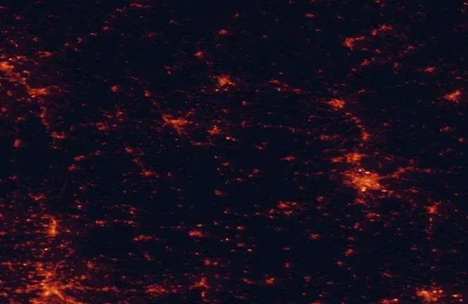 Satellite night-light map of the 100 km around Steigerwald Nature Park, with Nuremberg, Stuttgart and Würzburg marked