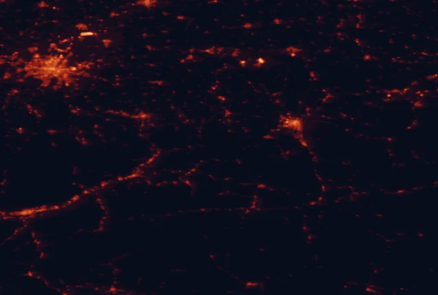 Satellite night-light map of the 100 km around Winklmoos-Alm, with Munich, Salzburg and Innsbruck marked