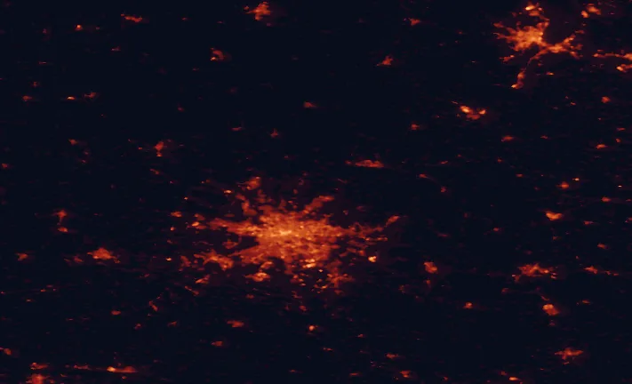 Satellite night-light map of the 100 km around Barnim Nature Park, with Berlin, Szczecin and Potsdam marked