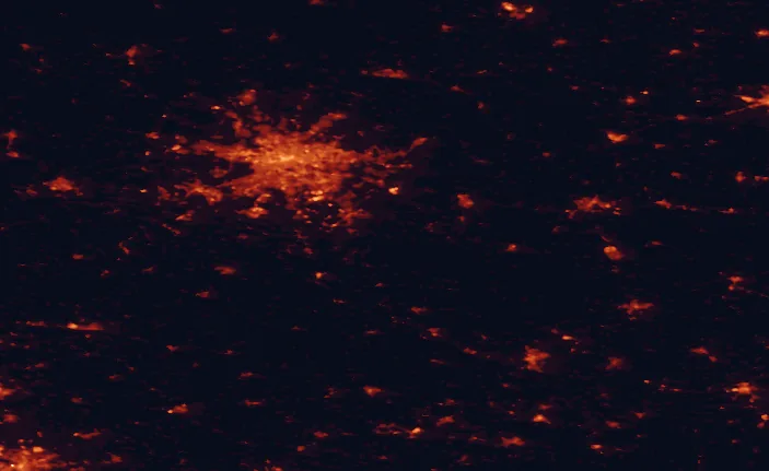 Satellite night-light map of the 100 km around Dahme-Heideseen Nature Park, with Berlin, Potsdam and Cottbus marked