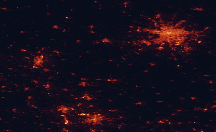 Satellite night-light map of the 100 km around High Fläming Nature Park, with Berlin, Leipzig and Magdeburg marked