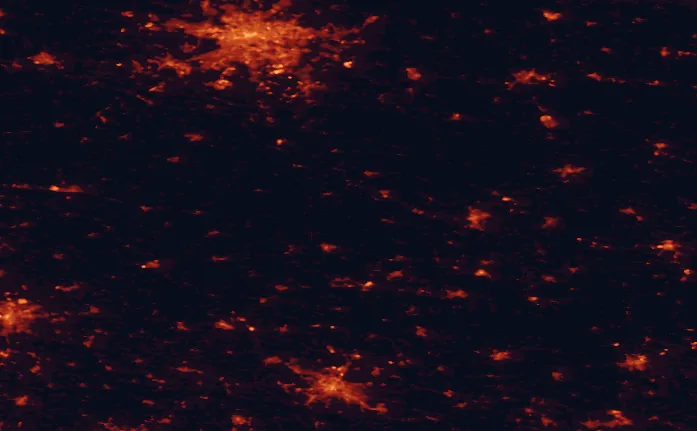 Satellite night-light map of the 100 km around Lower Lusatian Ridge Nature Park, with Berlin, Dresden and Potsdam marked