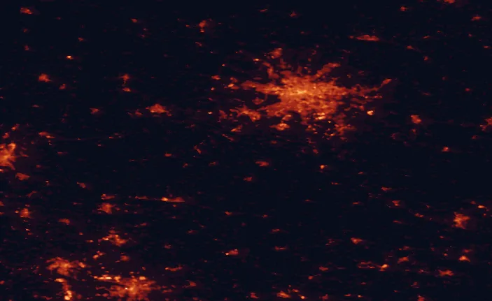 Satellite night-light map of the 100 km around Nuthe-Nieplitz Nature Park, with Berlin, Leipzig and Potsdam marked