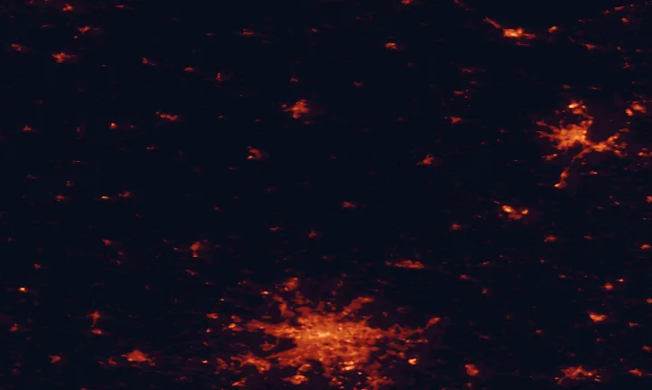 Satellite night-light map of the 100 km around Uckermark Lakes Nature Park, with Berlin, Szczecin and Potsdam marked