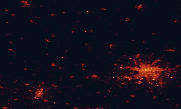 Satellite night-light map of the 100 km around Westhavelland Nature Park, with Berlin, Potsdam and Magdeburg marked