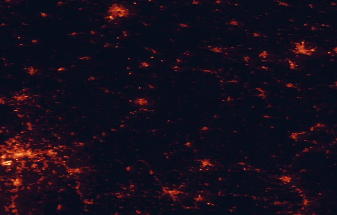 Satellite night-light map of the 100 km around Hessian Rhön Nature Park, with Frankfurt am Main, Erfurt and Kassel marked