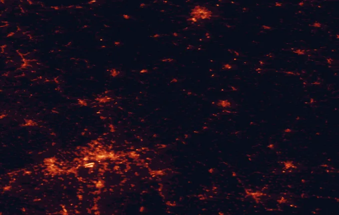 Satellite night-light map of the 100 km around High Vogelsberg Nature Park, with Frankfurt am Main, Wiesbaden and Mainz marked