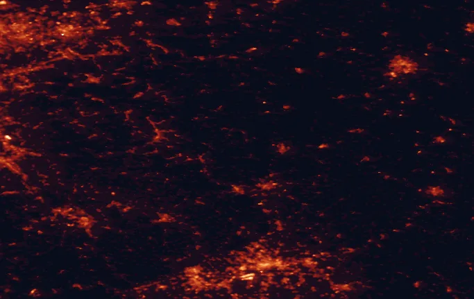 Satellite night-light map of the 100 km around Lahn-Dill-Bergland Nature Park, with Frankfurt am Main, Dortmund and Wiesbaden marked
