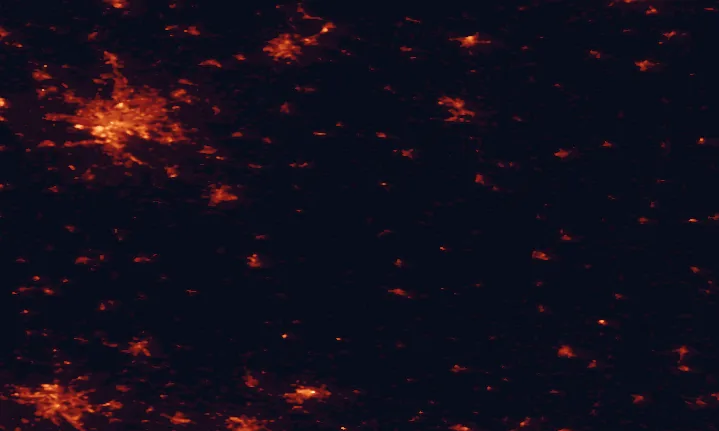 Satellite night-light map of the 100 km around Elbhöhen-Wendland Nature Park, with Hamburg, Hannover and Lübeck marked