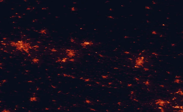 Satellite night-light map of the 100 km around Elm-Lappwald Nature Park, with Braunschweig, Hannover and Magdeburg marked