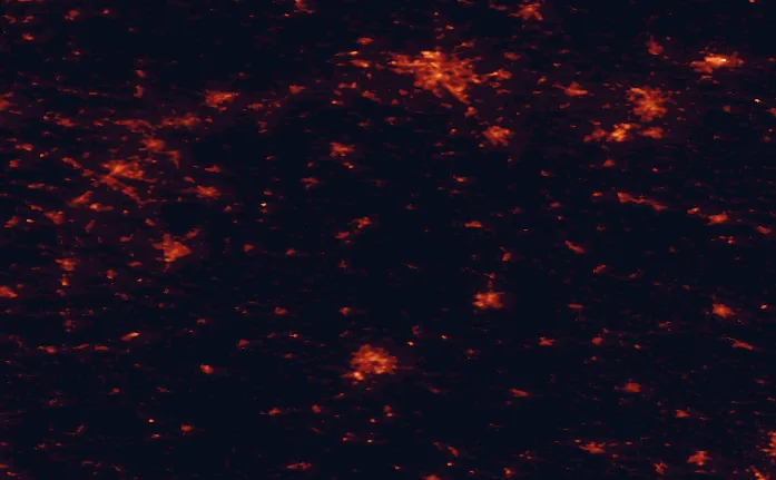 Satellite night-light map of the 100 km around Solling-Vogler Nature Park, with Hannover, Bielefeld and Kassel marked