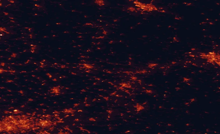 Satellite night-light map of the 100 km around TERRA.vita Nature Park, with Bielefeld, Dortmund and Bremen marked