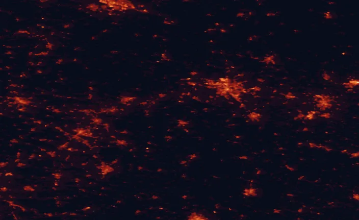 Satellite night-light map of the 100 km around Weser Uplands-Schaumburg-Hamelin Nature Park, with Hannover, Bielefeld and Braunschweig marked