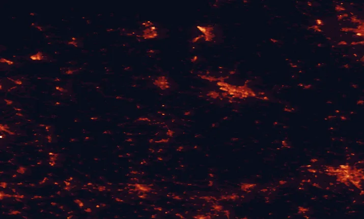 Satellite night-light map of the 100 km around Wildeshausen Geest Nature Park, with Bremen, Hannover and Oldenburg marked
