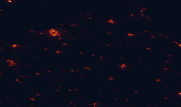Satellite night-light map of the 100 km around Mecklenburg Switzerland and Lake Kummerow Nature Park, with Rostock, Neubrandenburg and Schwerin marked