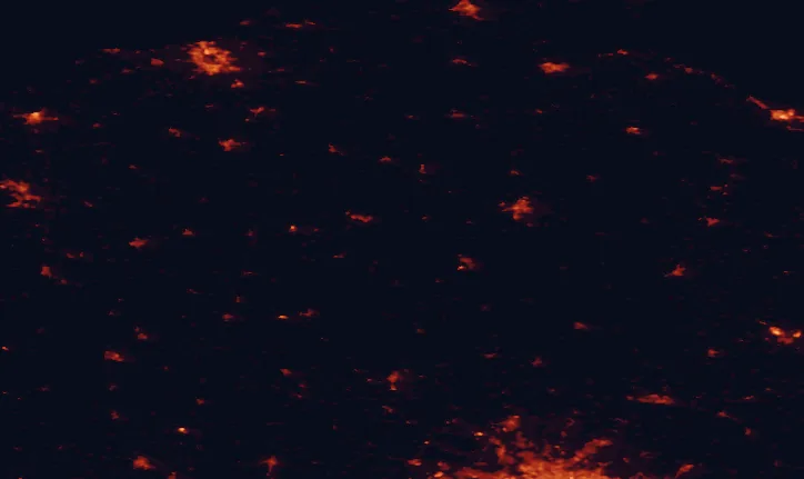 Satellite night-light map of the 100 km around Müritz National Park, with Rostock, Neubrandenburg and Schwerin marked