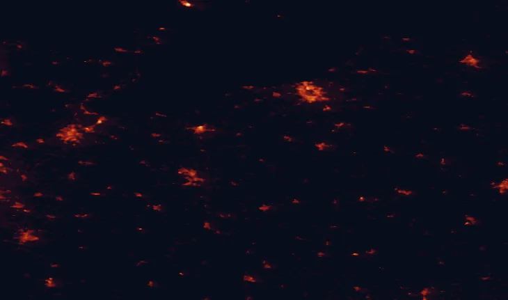 Satellite night-light map of the 100 km around Sternberg Lake District Nature Park, with Rostock, Lübeck and Schwerin marked