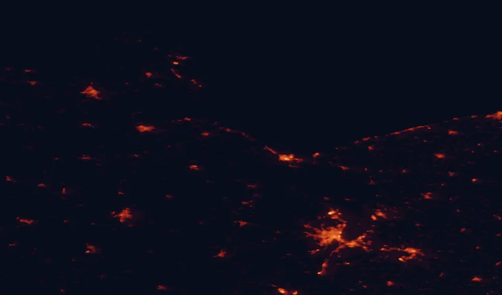 Satellite night-light map of the 100 km around Usedom Island Nature Park, with Szczecin, Świnoujście and Universitäts- und Hansestadt Greifswald marked