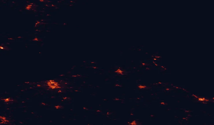 Satellite night-light map of the 100 km around Western Pomerania Lagoon Area National Park, with Rostock, Stralsund and Universitäts- und Hansestadt Greifswald marked