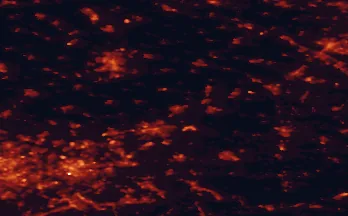 Satellite night-light map of the 50 km around Ahlen, with Dortmund, Hamm and Münster marked