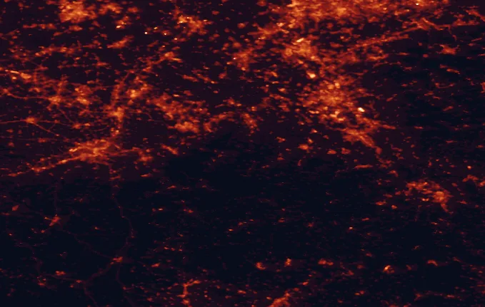 Satellite night-light map of the 100 km around Eifel National Park, with Köln, Düsseldorf and Aachen marked