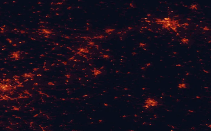 Satellite night-light map of the 100 km around Teutoburg Forest/Egge Hills Nature Park, with Bielefeld, Hannover and Paderborn marked