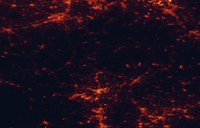 Satellite night-light map of the 100 km around German-Luxembourg Nature Park, with Bonn, Aachen and Liège marked