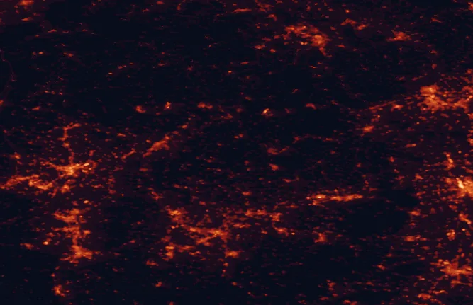 Satellite night-light map of the 100 km around Hunsrück-Hochwald National Park, with Wiesbaden, Saarbrücken and Mainz marked
