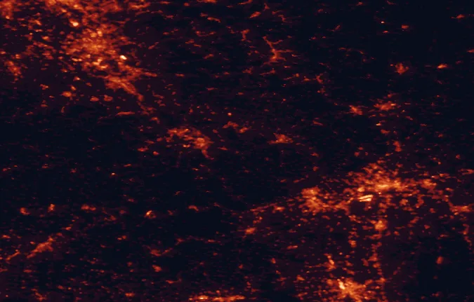Satellite night-light map of the 100 km around Nassau Nature Park, with Köln, Frankfurt am Main and Wiesbaden marked