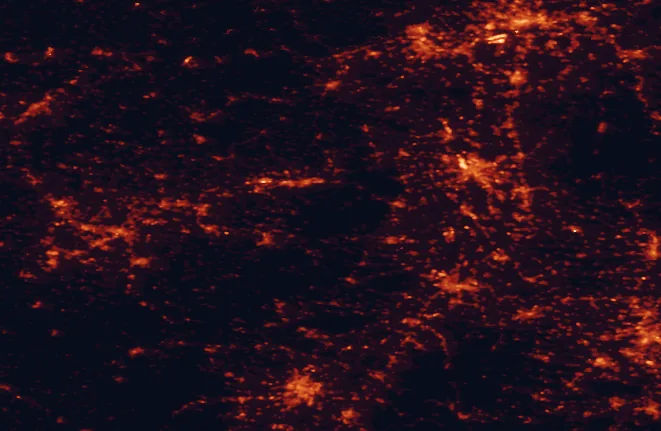Satellite night-light map of the 100 km around Palatinate Forest Nature Park, with Frankfurt am Main, Stuttgart and Mannheim marked