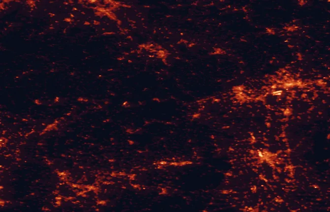 Satellite night-light map of the 100 km around Soonwald-Nahe Nature Park, with Frankfurt am Main, Wiesbaden and Mainz marked