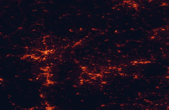 Satellite night-light map of the 100 km around Saar-Hunsrück Nature Park, with Saarbrücken, Trier and Metz marked