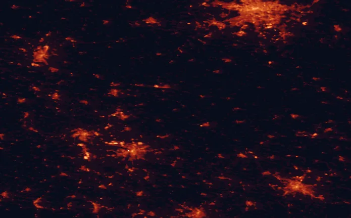 Satellite night-light map of the 100 km around Düben Heath Nature Park, with Berlin, Leipzig and Dresden marked